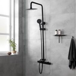 8 inch Round Matt Black Twin Shower Set With Sliding Rail Diverter Mixer Tap Bottom Water Inlet 8 inch Round Matt Black Twin Shower Set With Sliding Rail Diverter Mixer Tap Bottom Water Inlet